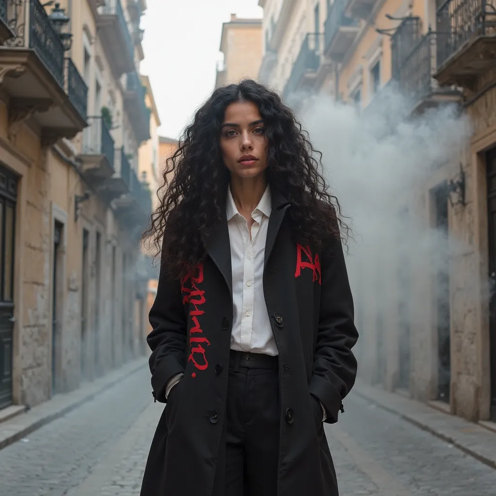 fashion editoral photo image of gray smoke and that depicts my realism A woman with long curly black hair and wearing black pants and a white shirt is standing in the middle of the streets of Sicily with NA Behnaz written on her coat in red