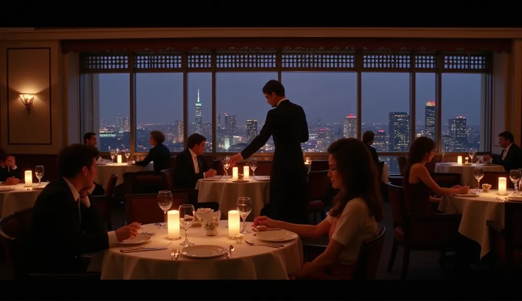 An elegant 1980s restaurant with the first patrons arriving. A European-looking waiter, dressed in a classic 80s uniform, is lighting candles on the tables, creating a warm, intimate glow. Panoramic windows offer a view of the now darkened city skyline. Ci...