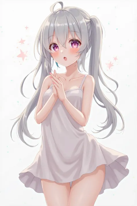 anime ヘンタイ　 blushes, Gray Hair,long hair, twin tails from above, Ahegao Chest, Background white,minimalist, anime, nude