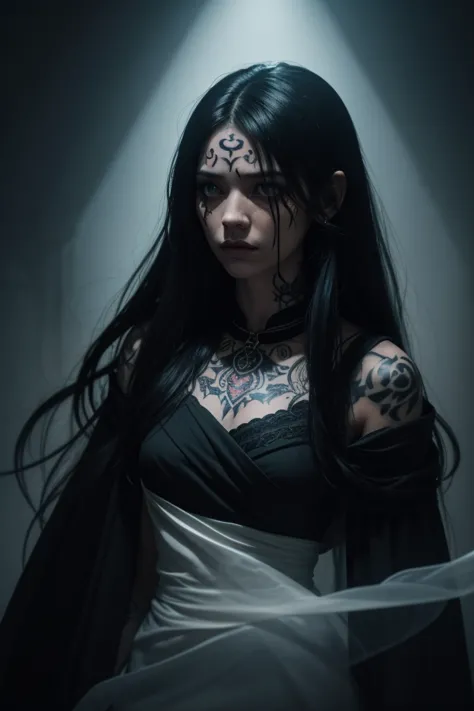 DND, Fanatsie, Ghostly appearance (spectral figure) of a woman, wrapped in noble clothes, long black hair, tribal face tattoo on the left side, in a gloomy environment, eyes are empty, mourning