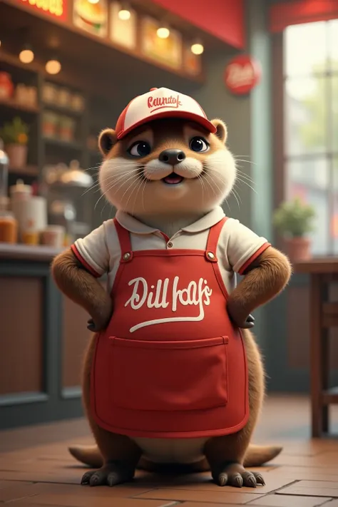 photorealistic full body portrait of Dressed animals - a ((fat)) (baby otter) fast food worker,(art by Giuseppe Arcimboldo),(happy smile:1.5),(furry), high quality,(lovely) hands on hips,, (Wearing fast food shop uniform) , (wearing apron and shirt with lo...