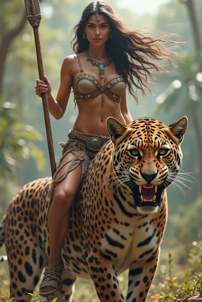 Generate hyperrealistic image and in 4k. Generate a Mayan warrior standing on the back of a large jaguar. The Mayan warrior woman is dressed in clothes of typical Mayan culture she carries a spear in her right hand. She has a fit body and is very sexy with...