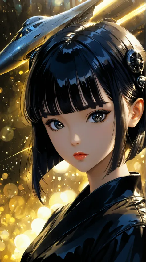 ((best quality)), ((masterpiece)), (detailed), perfect face of cyberpunk mecha japanese girl, shiny black eyes, shiny black body, shiny black hair, ((monochromatic black color palette)), surreal, art nouveau, in the illustrative style of moebius, spaceship...