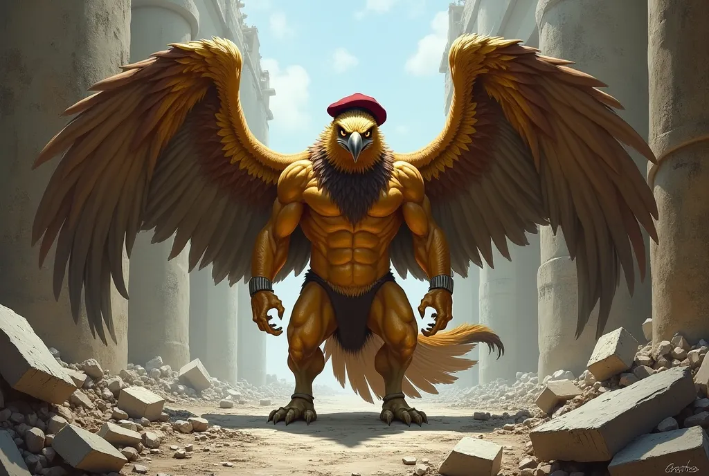 An angry golden brown human like eagle wearing a maroon baret and spreading wings on the rubbles of a prison 