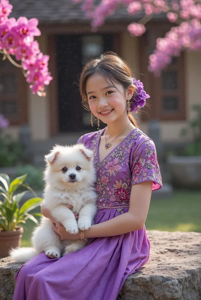 Thai girl of Chinese descent with a sweet face, a beautiful white girl with a bright smile Purple Thai Lanna Dress with Jewellery,diamond,Jewels,purple ruby,sitting on a big stone in a pink orchid garden,carrying a very cute white puppy,ancient Thai house ...