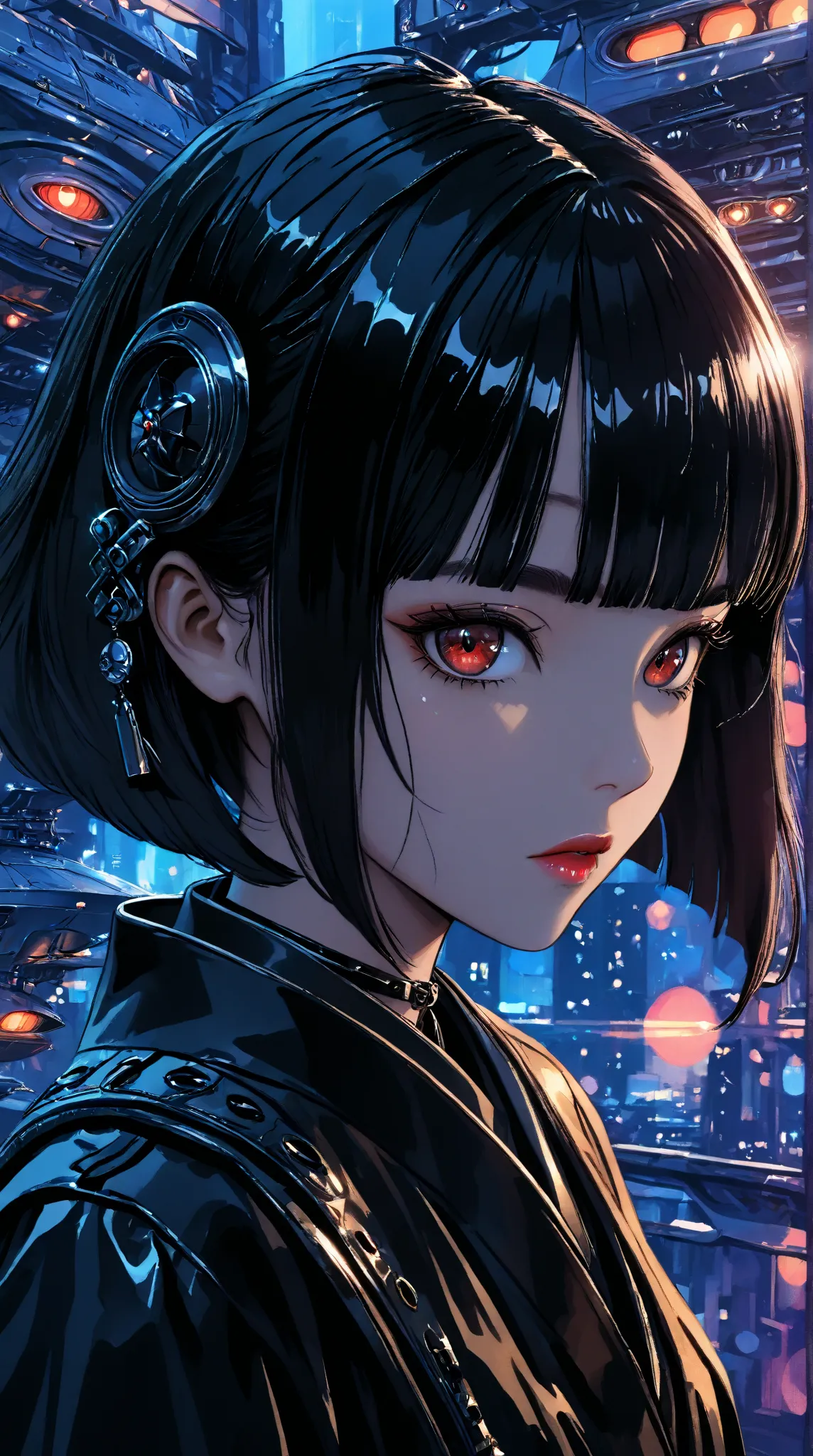 ((best quality)), ((masterpiece)), (detailed), perfect face of cyberpunk mecha japanese girl, shiny red eyes, shiny black body, shiny black hair, ((monochromatic black color palette)), surreal, art nouveau, in the illustrative style of moebius, spaceships,...