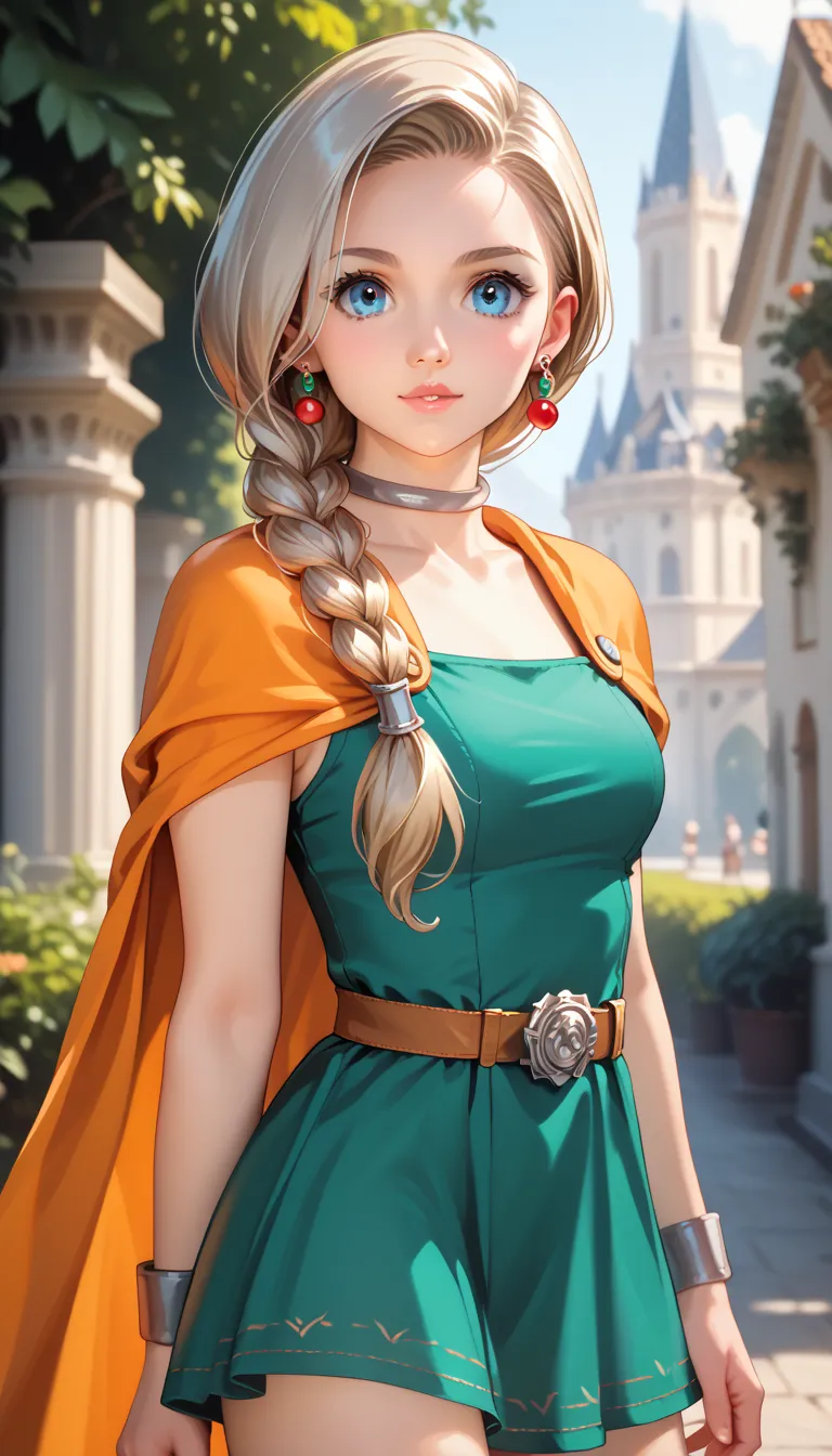 (dqBianca), 1girl, single braid, hair over shoulder, silky smooth hair, realistic hair texture, (detailed cute face:1.2),  wearing short green dress revealing thighs, silver choker, orange cape, earrings, belt, (high quality, masterpiece:1.2), high resolut...