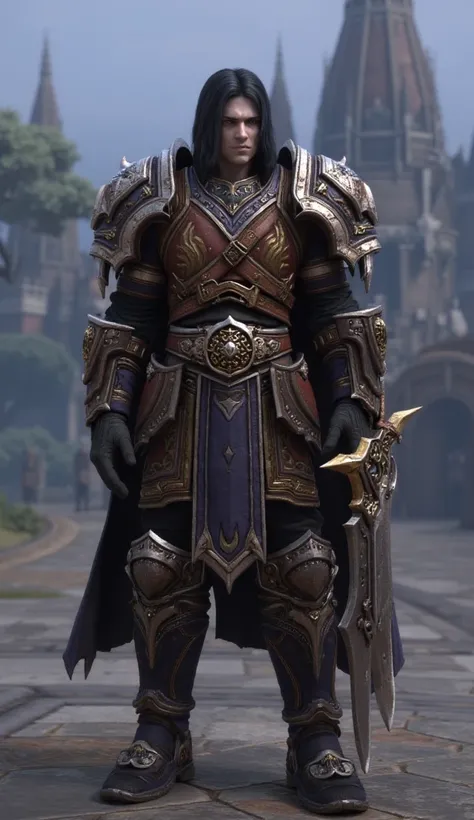 Young human Male with black long hair, full-body view from head to feet, he is a Warrior from the World of Warcraft unverse wielding a (Lionheart Executioner two-handed gratsword) in hand, he is a player at level 60 Warrior with (Battlegear of Valor Set ar...