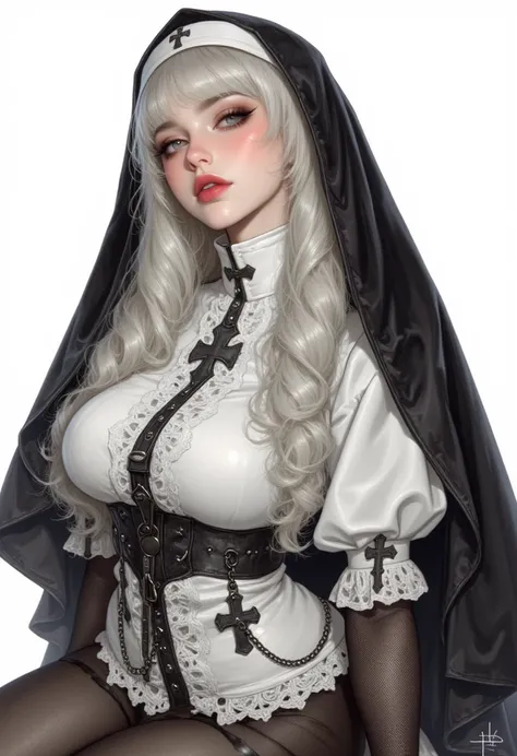 This is a surreal watercolor painting ,   Digital illustration of a young woman wearing a provocative nun costume  ,  created in a hyperrealistic  ,  photorealistic style.   The subject is a woman with fair skin and pale complexion  , long, wavy white hair...