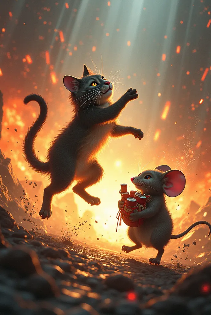 image: A little cat jumps on an evil mouse carrying a bag Explosives, while lights explode around them)

