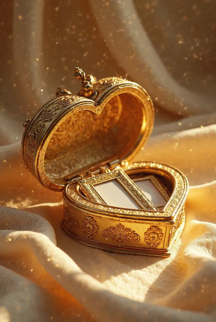 Photograph of a golden reliquary in the shape of a heart, opened to show its two picture frames with a light fabric background.