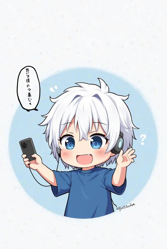 , a white boy with white hair on his face. The blue dress is holding the phone on his left, raised two hands, and it says “NewLucky”, in a blue and black tone, Chibi cartoon. (Chibi) Circular shape, with background patting, earphones, in a circle, does not...