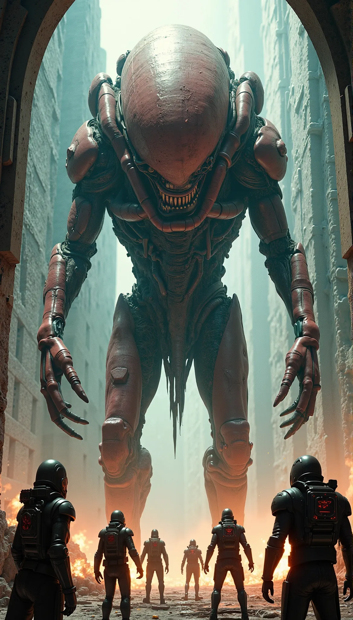 A dramatic animated sequence inspired by 90s animation, where a group of rebels battles against a monstrous alien overlord in a biomechanical fortress. The overlord’s form is a grotesque fusion of organic flesh and mechanical parts, drawn in H. R. Giger’s ...