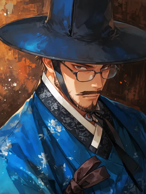 ultra-detailed illustration of 1boy in blue hanbok, middle aged man, solo, traditional Korean clothes, gat, traditional Korean black hat with chin strap, glasses, dark brown eyes, tsurime, [serious], portrait, upper body, looking at viewer, from above, [mu...