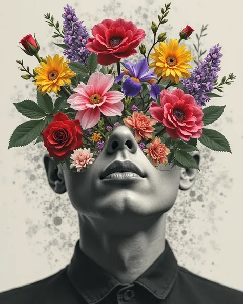 A surreal collage-style artwork featuring a monochrome human face partially obscured by layered elements such as delicate leaves and twelve distinct flowers, each representing different personality energies from the Luminogenesis system. The flowers replac...