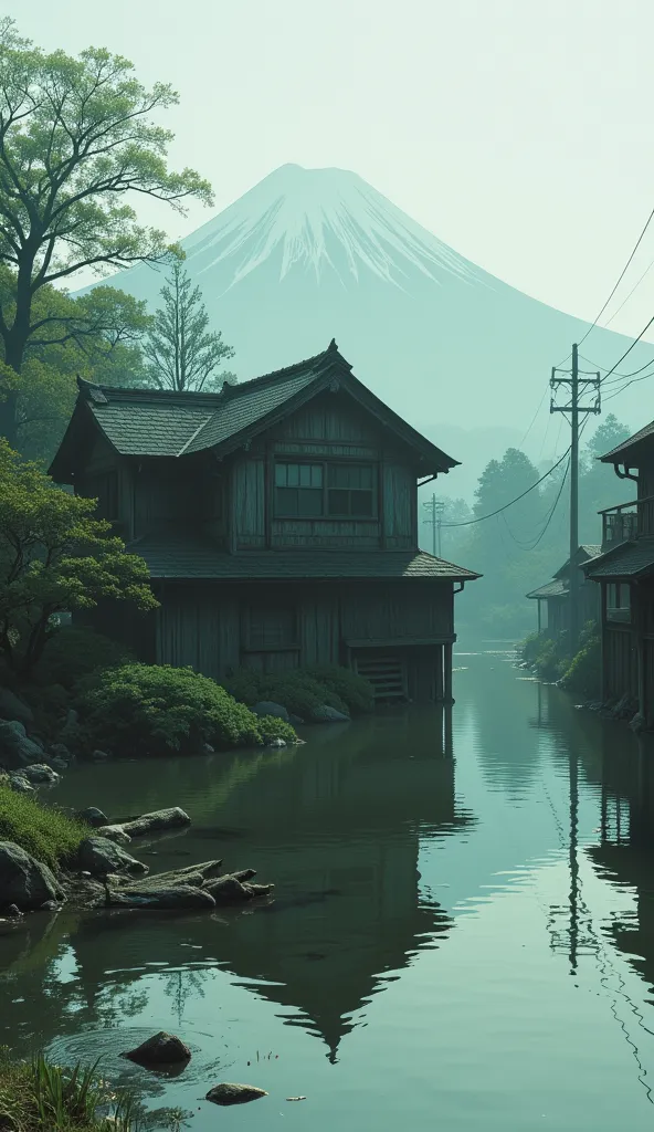 The streets of Showa Japan are quietly submerged、A fantastic landscape where morning fog sets in。A wooden building sinks in half、Mt. Fuji can be seen hazy in the distance。