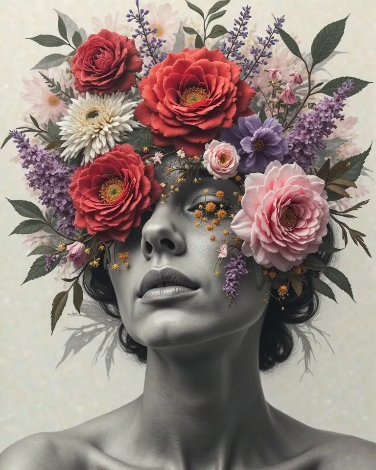 A surreal collage-style artwork featuring a monochrome human face partially obscured by layered elements such as delicate leaves and twelve distinct flowers, each representing different personality energies from the Luminogenesis system. The flowers replac...