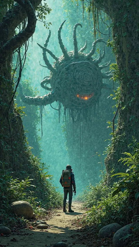 A 90s animated adventure set in a dark, cyberpunk world, where a lone hero navigates through a twisted biomechanical jungle. The jungle is filled with twisted plants that seem alive and made of both organic matter and machinery, all designed in the eerie, ...