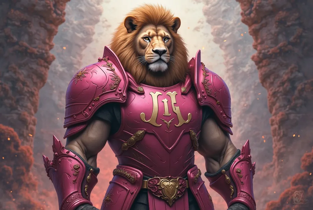 Un lion en armure rose. Avec les initial "JL" écrit sur l'armure 