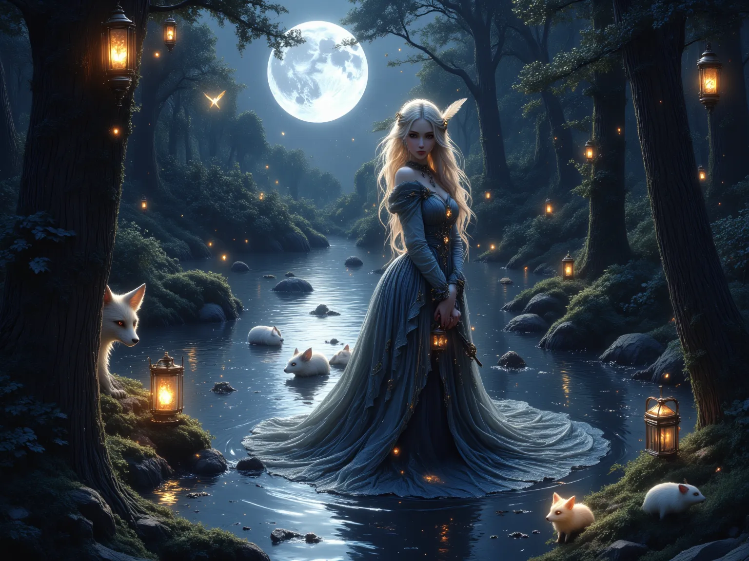 she stands in a serene, moonlit grove beside a shimmering lake, her porcelain skin glowing softly under the silver light. Her hair shifts between summer blonde and winter brunette, cascading in soft waves down her back, with faint carnation highlights catc...