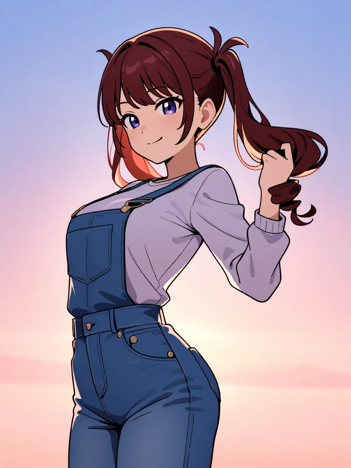  poster or magazine illustration effect ,  full body ,  twintail , 1 adult female , jeans