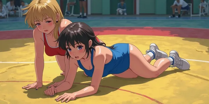 ultra detail, anime. Match from the nineties . a female in a blue freestyle wrestling singlet is on all fours in the center of the mat, and a female in a red freestyle wrestling singlet is holding it from behind