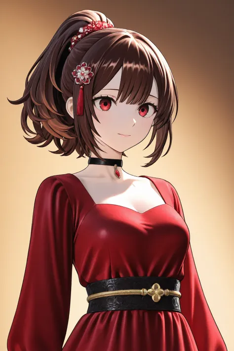 1girl, solo, thighhighs, brown_hair, gloves, red_eyes, hair_ornament, choker, long_sleeves, sash, long_hair, single_glove, ponytail, dress, black_gloves, closed_mouth, red_dress