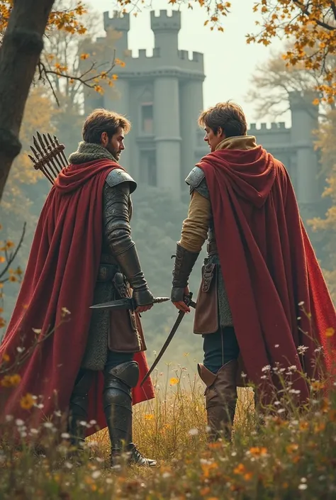 Peux-tu me faire une image de Robin avec son arc et le roi Arthur en train de se BATTRE ensemble ? Donc le roi Arthur avec l'escalibur et Robin avec son arc. Le roi Arthur n'est pas vieux, n'est pas jeune non plus. Robin aussi. Ils se battent enseble! Et e...