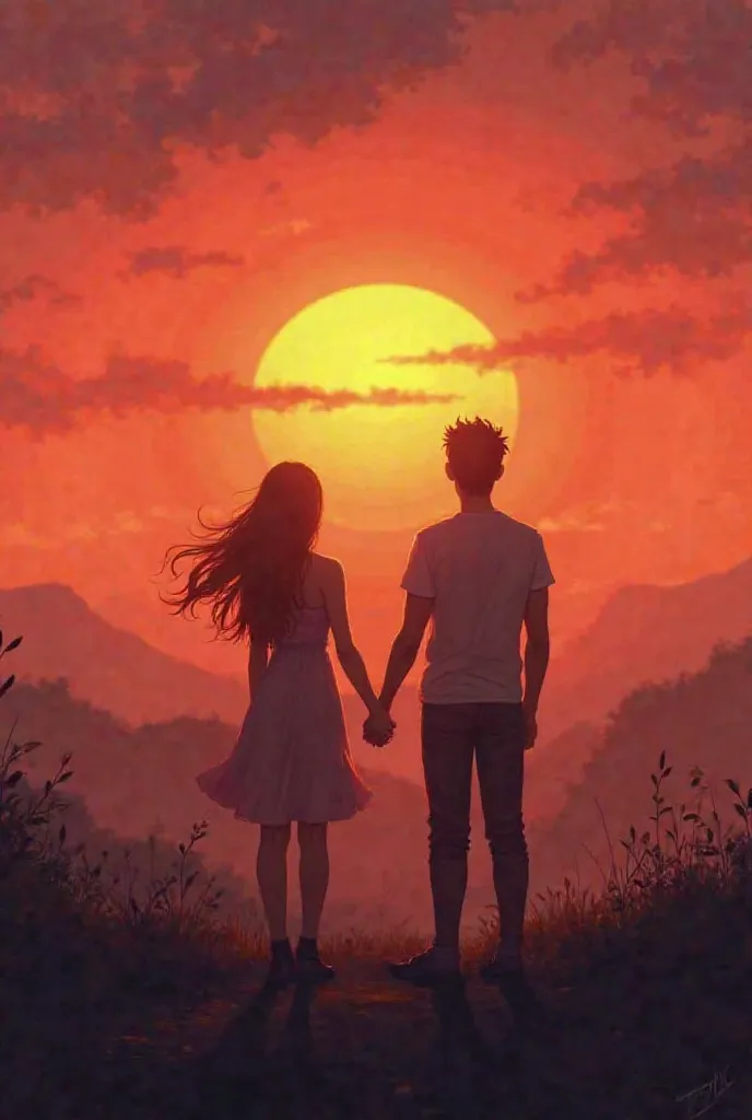 Two people holding hands with their backs against sunset background 