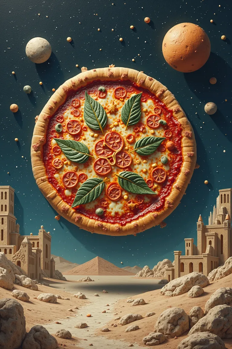 High Resolution, Masterpiece, Anatomically Correct, Best Quality, ancient civilization (Uruk style buildings) floating pizza, moon surface, starry sky, clay carving style like an ancient record