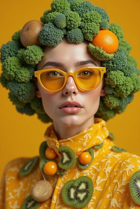 ((best quality)), ((masterpiece)), (detAIled),

 Prompt: potoshoot full body wide angle seoorang modelling Rusian woman with freckles in a fully yellow green dress capsule wadrobe  made fruit and brokoli with [hair ornaments from pieces of green kiwi fruit...