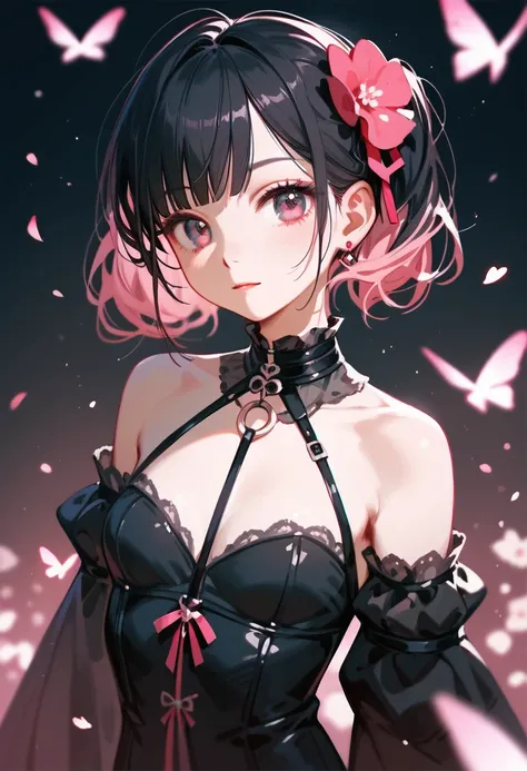 Score_9,Score_8_up,Score_7_up,highest quality,detailed,1 pink and black Gothic blossom girl,idol,slim,small breasts,(beautiful detailed eyes)