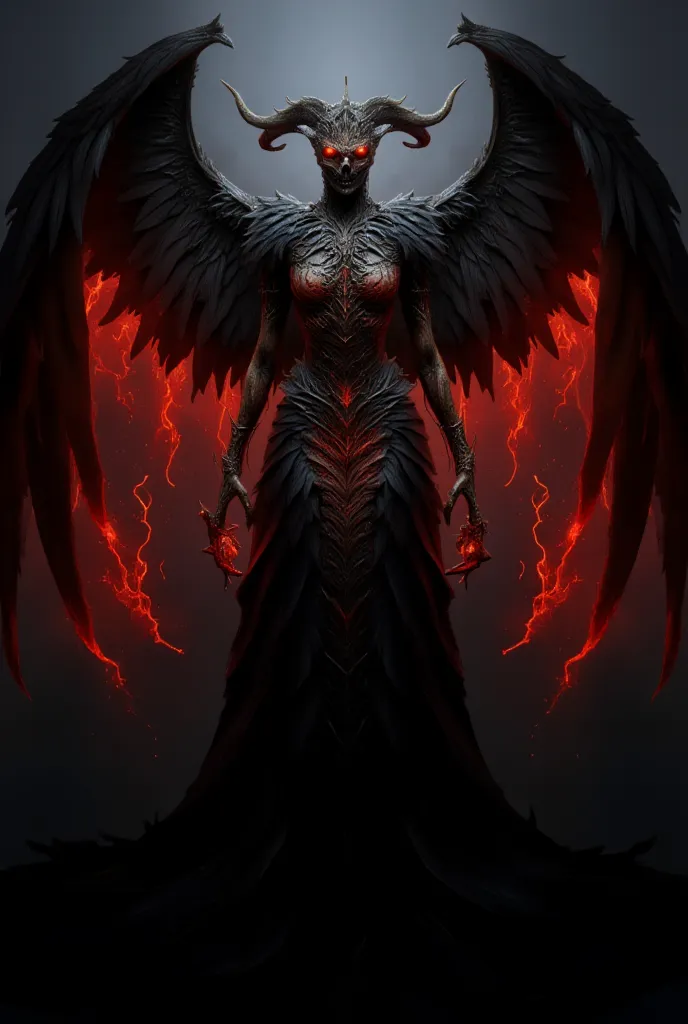 sexy dark phoenix female in a human with her wings open wide displaying her pride in her race and in dark setting that the only thing that is visible is her eyes that glowing red and her wings radiating with dark flames