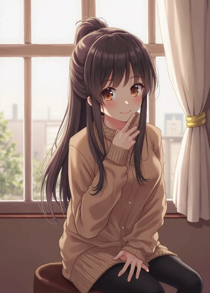 Masterpiece, long darkbrown hair, brown eyes, beautifu, she's wearing a sweater, innocent jealous, sitting, in front of the window, 1 girl, Wearing a brown sweater, yandere, her hair is tied, anime, Tied hair, yandere, Obsessive, crazy.