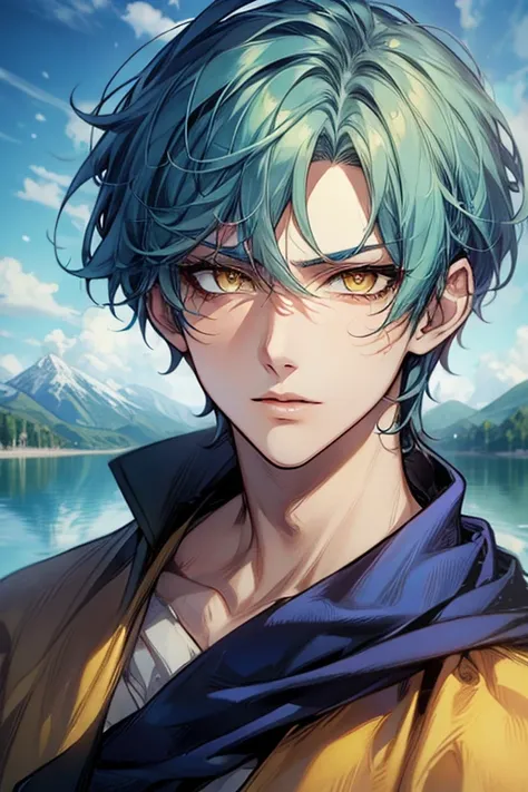 anime boy, handsome face, yellow eyes, blue hair, looking at the viewer, charming gaze, sexy style, mountain view lake background, (eye detail), (face detail), (body detail), (background detail), (masterpiece)