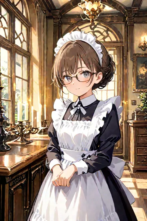 1girl, detailed grey eyes, brown short hair, maid costume, glasses, 19th century background