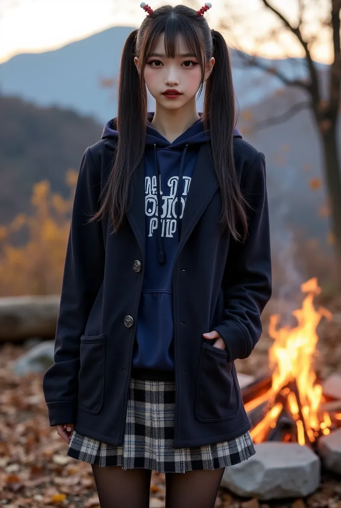 Highest quality, Super Detail,, Hi-Res, 8k,wallpaper,  perfect dynamic configuration, photos、reality、(Mountain Campground、 autumn dusk 、Camp Fire）、(uniform、Navy Blue Blazer Wearing a Hoodie、Short Checked Pleated Skirt、black pantyhose),,(hair、 black、Smooth、...