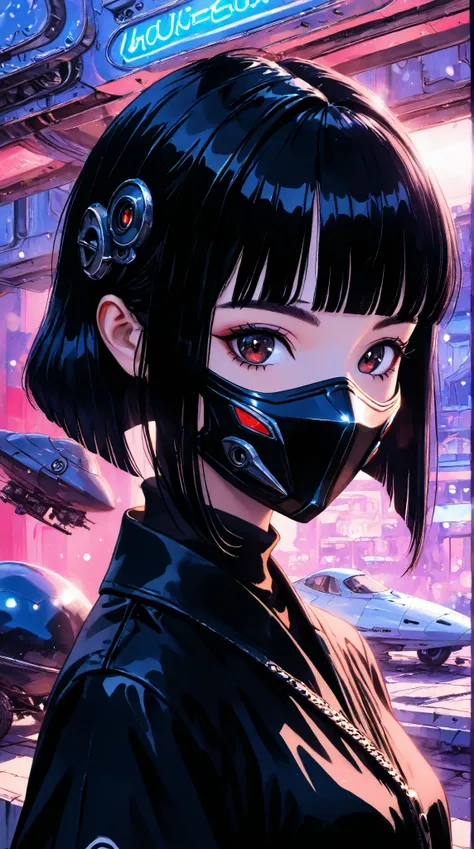 ((best quality)), ((masterpiece)), (detailed), perfect face of cyberpunk mecha japanese girl, shiny black eyes, shiny black body, shiny black hair, ((monochromatic black color palette)), surreal, art nouveau, in the illustrative style of moebius, spaceship...