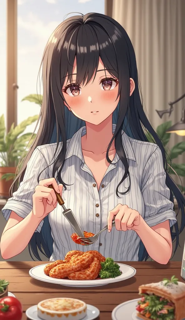 smile　((food during a banquet))　moe style,((food with one hand on my cheek)) 　straight hair that reaches the shoulders - (Short sleeve襟付ボーダーシャツ)（((Short sleeve))） - Onyx　striped collared shirt　 long hair　Short sleeve　Anime Picture　 hair is unraveling after...