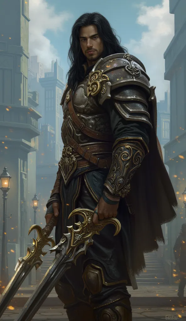 ((Hyperrealistic)) Young human Male with black long hair, full-body view from head to feet, he is a Warrior from the World of Warcraft unverse wielding a (Lionheart Executioner two-handed gratsword) in hand, he is a player at level 60 Warrior with (Battleg...