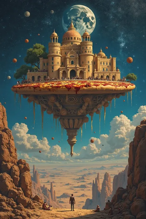 High Resolution, Masterpiece, Anatomically Correct, Best Quality, ancient civilization (Uruk style buildings) floating pizza high above sky, people watching, moon surface, starry sky, far angle style, oil painting style, ancient inscription