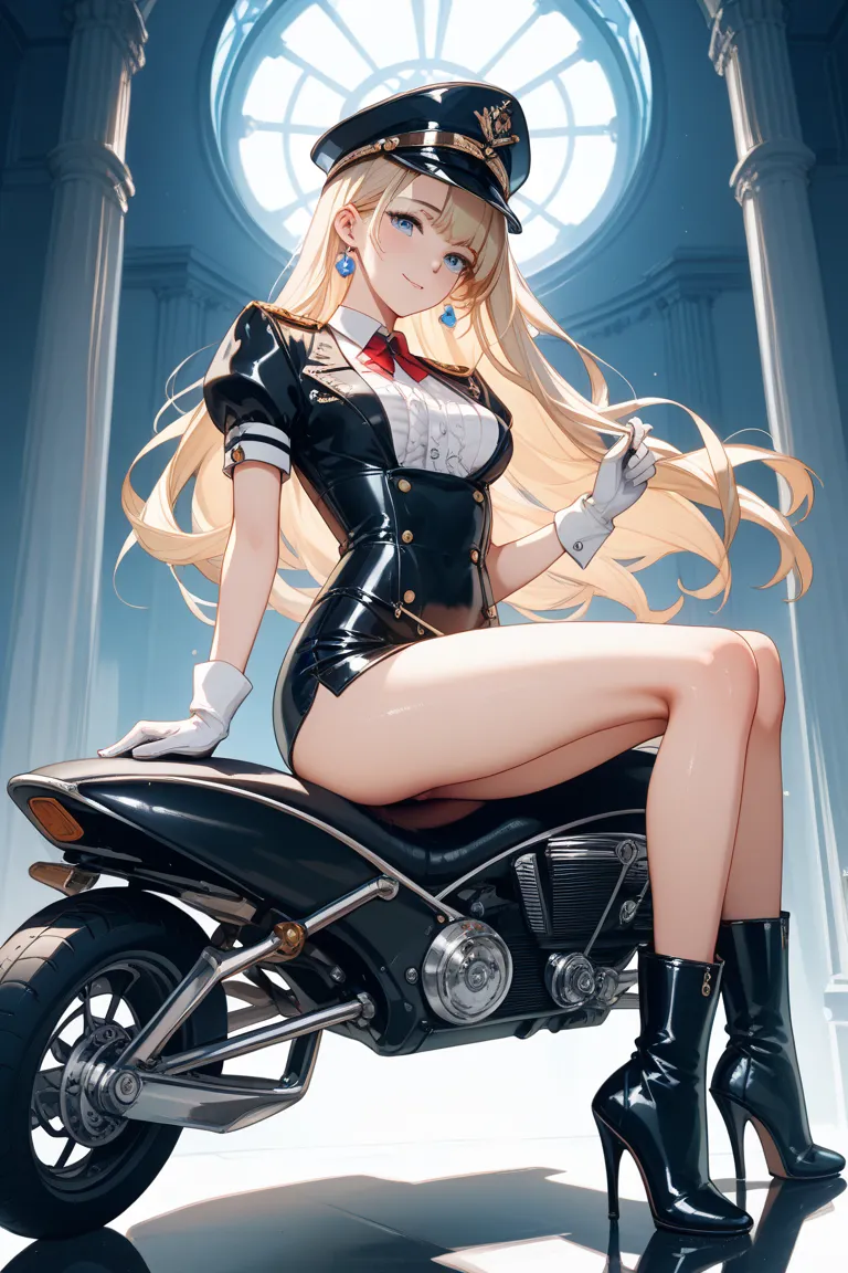 An elegant and slender girl wearing a black military uniform, white gloves, white long-legged jodhpur, and pure black calf-high flat rubber riding boots, shiny, without any decoration, no laces, flat heels, simple rubber riding boots, riding There are no s...