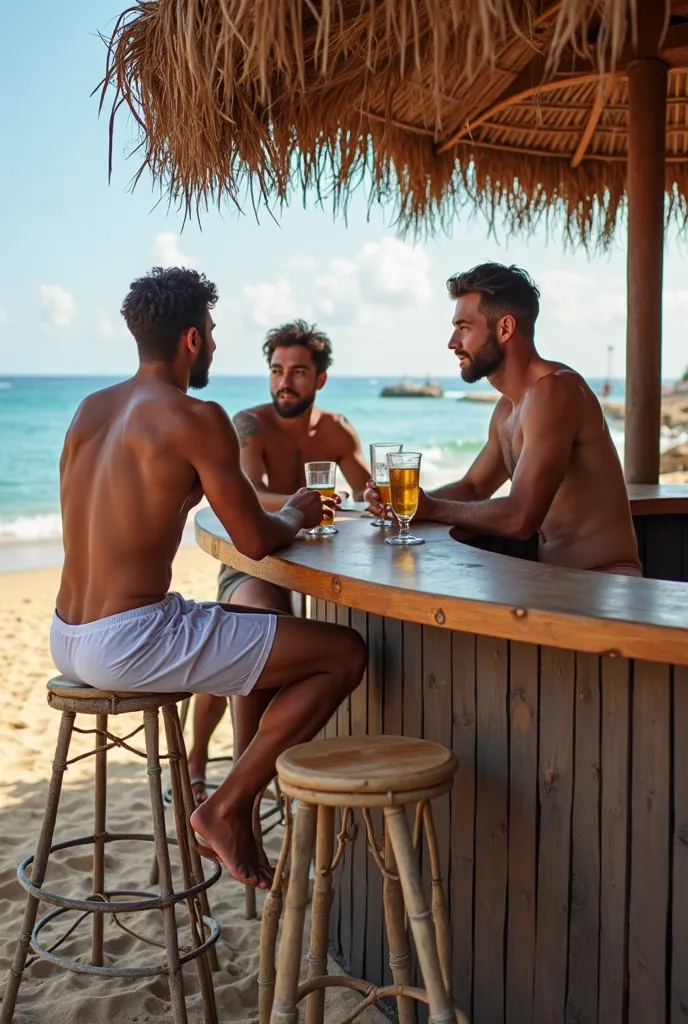 Au bar de la plage, quatre jeunes hommes sportifs en sueur, prennent un verre, debout au comptoir, les pieds sur une serviette de plage jetée  par terre sous leurs pieds. Les pieds sur la serviette chiffonnée et enfoncée dans le sable.