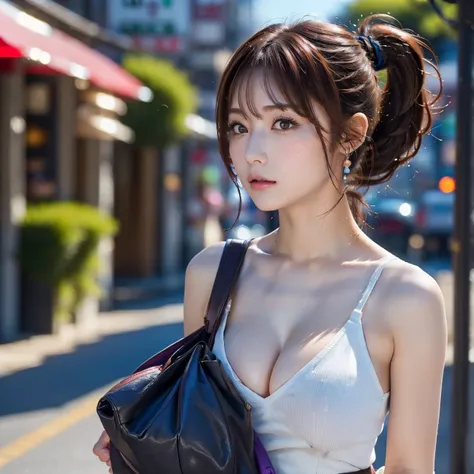 ((short twin tail)),1 girl, beautiful girl、Alone, Hi-Res, 最high quality, high quality, textured skin, Ultra High Precision,((beautiful big brown eyes)), ((red hair)),((Summer clothes black brown red light blue purple)),((I'm hanging my bag from my shoulder...