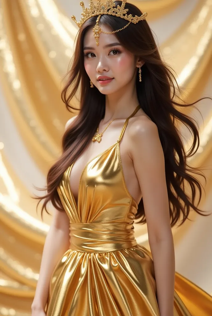 a woman in a stunning gold metallic gown that glimmers elegantly. The dress has a halter neckline and a fitted silhouette, accentuating her figure. She is wearing a golden crown-like headpiece with intricate details, complementing her overall regal appeara...