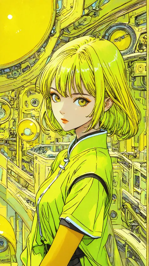 ((best quality)), ((masterpiece)), (detailed), perfect face of cyberpunk mecha japanese girl, neon yellow eyes, neon yellow body, neon yellow hair, ((monochromatic neon yellow color palette)), surreal, art nouveau, in the illustrative style of moebius, spa...