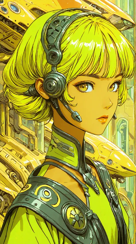 ((best quality)), ((masterpiece)), (detailed), perfect face of cyberpunk mecha japanese girl, neon yellow eyes, neon yellow body, neon yellow hair, ((monochromatic neon yellow color palette)), surreal, art nouveau, in the illustrative style of moebius, spa...