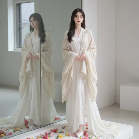 woman wearing dupatta, Dupatta, photo mirroring, glass front, stand, modern clothes, long sleeved shirt , white color glass shoes, long skirt , tread on flowers,