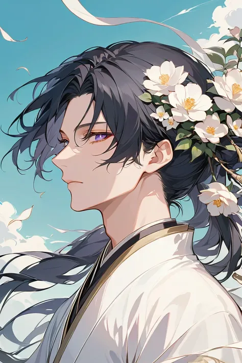   masterpiece, male性の上半身,  Beautiful Portraits , Gveiz, Gwiz-style art , Black Haired God , J.,  spectacular exquisite character art  , AMAZING CHARACTER ART, , antique, flower、頭にflowerの髪飾り、male、Beautiful young man、Hair fluttering in the wind 、 wind blows、...