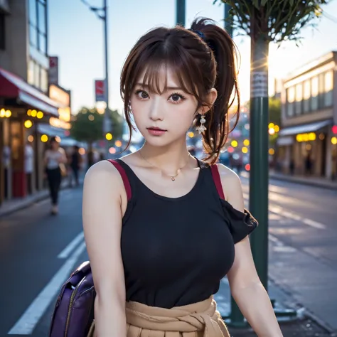 ((short twin tail)),1 girl, beautiful girl、Alone, Hi-Res, 最high quality, high quality, textured skin, Ultra High Precision,((beautiful big brown eyes)), ((red hair)),((Summer clothes black brown red light blue purple)),((I'm hanging my bag from my shoulder...